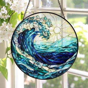Ocean Waves Stained Glass Suncatcher,Ocean Wave Wall Art Window Hanger,Ocean Suncatcher Gift,Beach Decor,Coastal Suncatcher,Beach Lover Gift