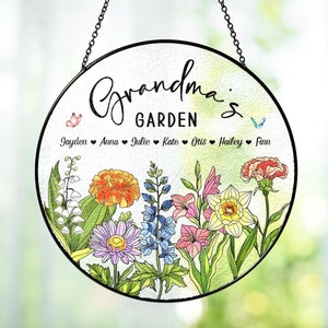 Personalized Birth Flowers Glass Art Suncatcher, Grandma's Garden Gift, Mother's Day Gift, Grandma Gift From Grandkids, Wall Window Decor