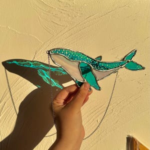 Stained Glass Iridescent Whale Suncatcher | Whale Shark Art | Whale Wall Decor | Coastal Water Colour Gifts | Ocean Art | Sea Glass Art