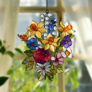 Family Birth Flowers Suncatcher, Custom Mom's Garden Gift,Flower Glass Art,Birth Flower Gift For Nana,Mother's Day Gift For Mom