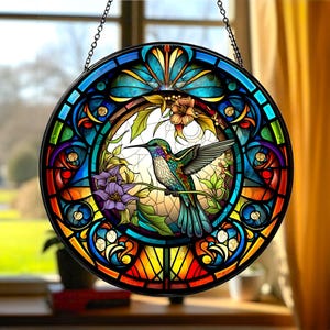 Bird Suncatcher, Stained Glass Style Window Hanging, Colorful Hummingbird Sun Catcher, Floral Nature Inspired Glass Art, Unique Gift Decor