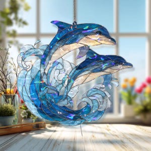 Dolphins Ocean Wave Acrylic Suncatcher, Stained Glass Style Blue Sea Window Panel, Coastal Nautical Marine Life Decor Hanging Ornament