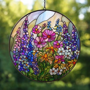 Blooming Meadow Acrylic Wildflower SunCatcher ,Wildflower Meadow Round Window Hanging, Present For Mom, Home Decoration