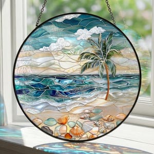 Stained Glass Ocean Waves Suncatcher, Coastal Beach Window Hanging, Ocean Glass Art, Seaside Decor, Beach Lover Gift, Coastal Home Decor