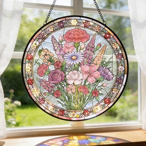 Family Birth Flower Suncatcher, Custom Birth Month Flower Window Hanging, Personalized Stained Glass Style Home Decor Gift