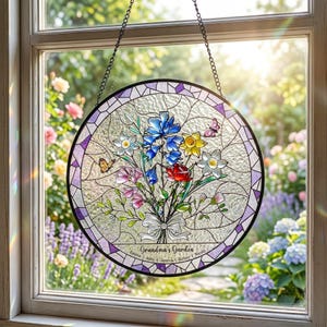 Personalized Birth Flower Stained Glass Suncatcher with 3D Raised Detail, Family Bouquet Window Hanging, Mothers Day Gift for Mom or Grandma