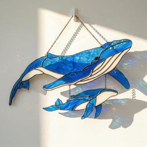 Stained Glass Whale Suncatcher, Mother and Baby Whale Hanging, Window Hanging, Home Decor, Ocean Coastal Decor, Mother's Day, Gift For Her