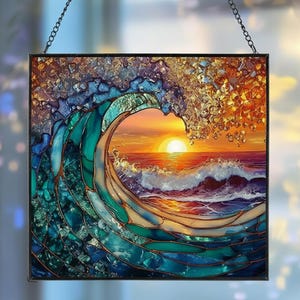 Sunrise Suncatchers Stained Glass, Sunrise On The Beach Suncatcher Ornament, Ocean Waves At Sunrise, Sunrise Lover Gift, Natural Gift