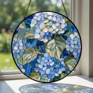 Blue Hydrangea Stained Glass Suncatcher, Wildflower Floral Window Hanging, Vintage Aesthetic Sun Catcher, Garden Decor Gift for Home