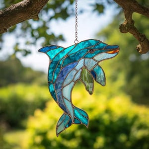 Dolphin Stained Glass Suncatcher Ocean Window Decor Beach Lover Gift