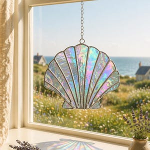 Stained Glass Seashell Suncatcher, Coastal Window Decor, Ocean Shell Glass Art Gift