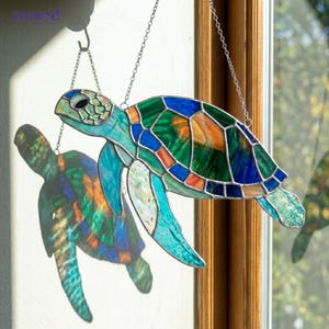 Sea Turtle Stained Glass Suncatcher, Ocean Window Hanging, Real Glass Coastal Decor, Handmade Marine Life Sun Catcher Gift