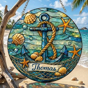 Personalized Nautical Anchor Stained Glass Suncatcher, Beach House Window Hanging