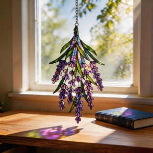 Lavender Stained Glass Suncatcher, Floral Window Hanging Decor, Purple Flower Gift