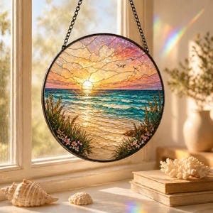 Coastal Sunset Stained Glass Suncatcher, Beach Window Hanging Decor, Ocean Sunrise Art, Boho Coastal Home Decor, Gift for Beach Lovers