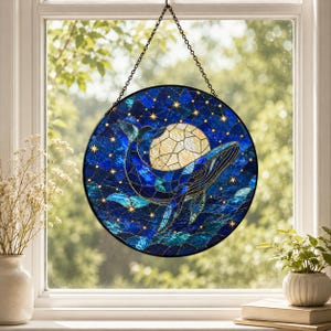 Whale Stained Glass Suncatcher, Ocean Night Window Hanging, Acrylic Sea Animal Sun Catcher, Starry Sky Coastal Decor Gift